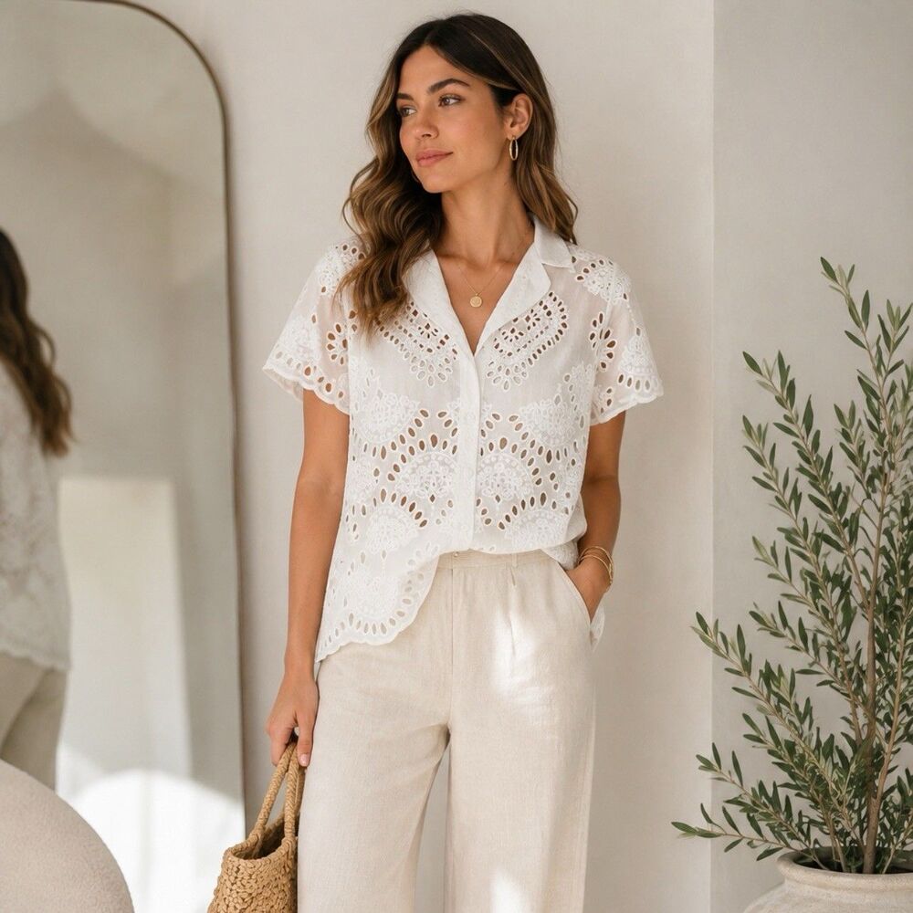 Johnny Was Marietta Cooper Button Up Top size XL White Eyelet Embroidered Blouse